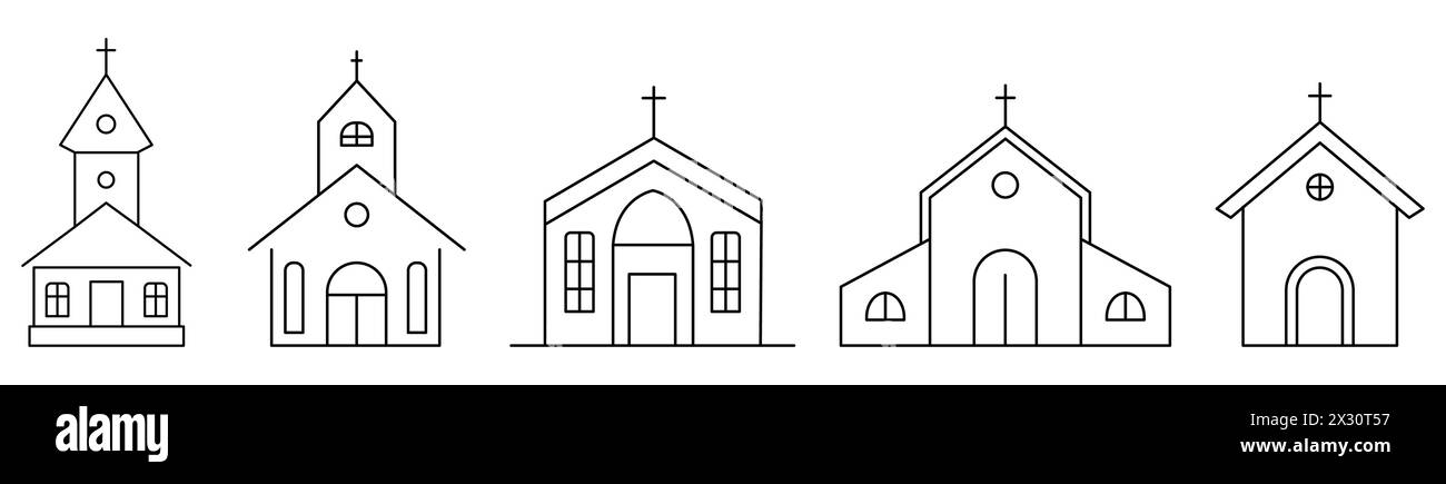 Set di icone delle linee di illuminazione della chiesa. Illustrazione vettoriale isolata su sfondo bianco Illustrazione Vettoriale