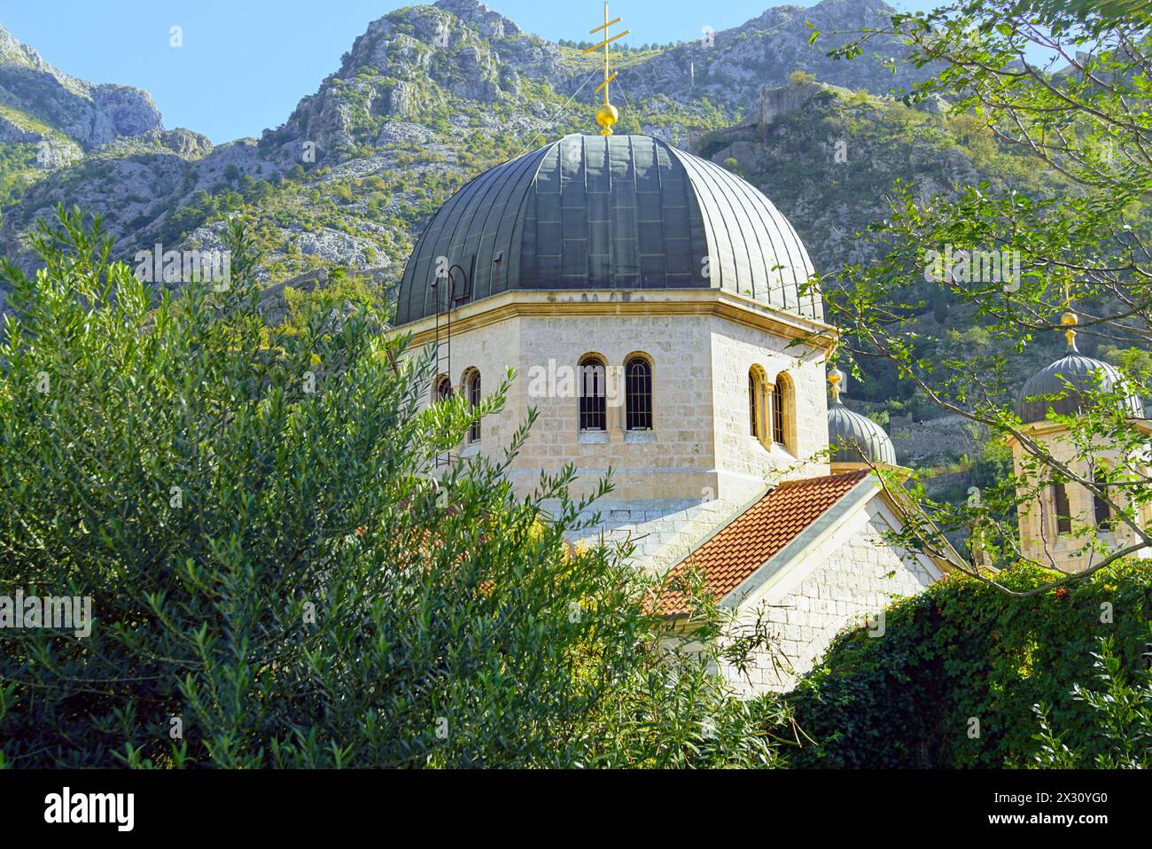 La cupola della chiesa ortodossa principale di Cattaro - la chiesa di San Nicola, sullo sfondo del verde e delle montagne (Montenegro). Foto Stock