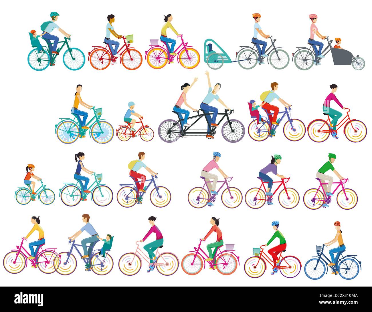 Un grande gruppo di ciclisti ha isolato l'illustrazione Foto Stock