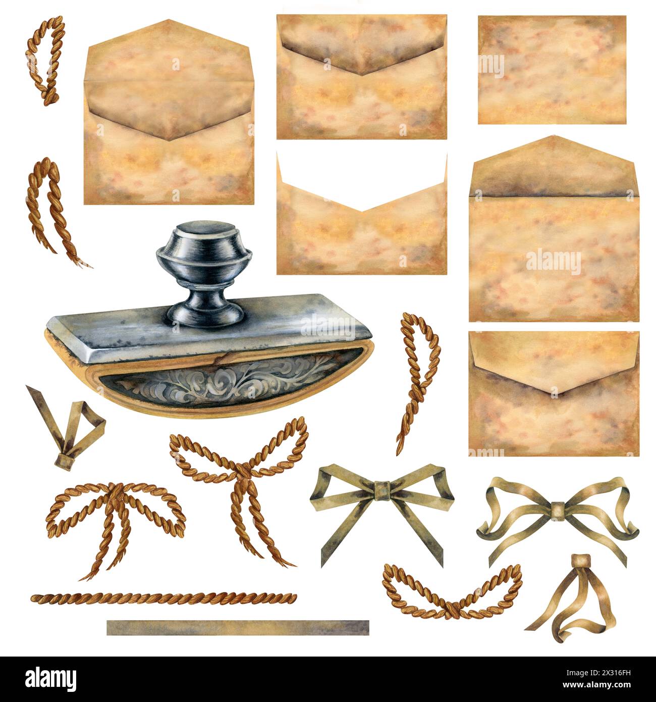 Vecchio set di scrittura vintage con un peso cartaceo, busta postale di carta pergamena beige, corda marrone, nastro, fiocco. Illustrazione acquerello per il modello per Foto Stock