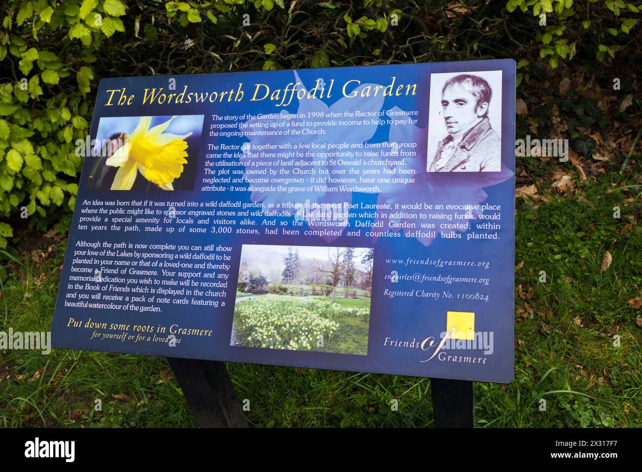 Insegna per il Wordsworth Daffodil Garden a Grasmere nel Lake District, Inghilterra, Regno Unito Foto Stock