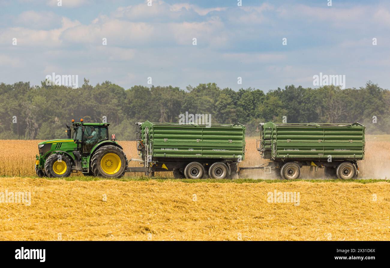 Ein Landwirt fährt mit seinem John Deere Traktor und zwei Anhängern auf einem Feld im Zürcher Unterland. Die Trockenheit ist in diesem Sommer langanha Foto Stock