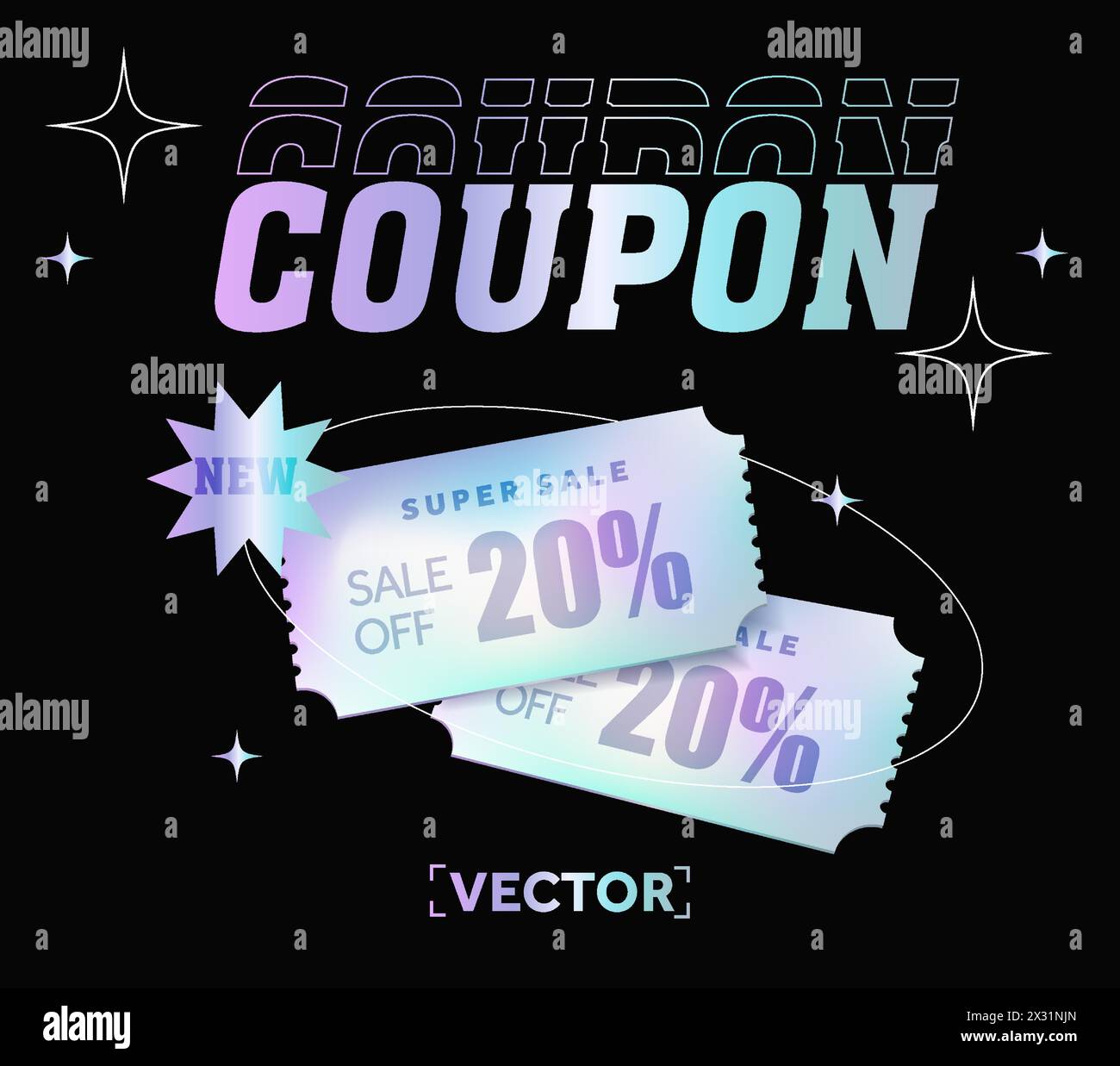 coppia 3d di buoni ologrammi con percentuale del codice promozionale. Modello di voucher olografico con codice coupon e percentuale. Omaggi speciali con buoni o voucher. illustrazione vettoriale 3d. Illustrazione vettoriale Illustrazione Vettoriale