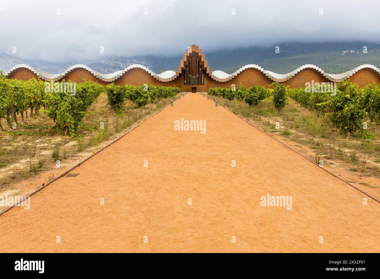 L'azienda vinicola Ysios, un edificio moderno che ricorda una fila di botti, integrato nel paesaggio, con vigneti. LaGuardia, Rioja Alavesa, Spagna. Foto Stock