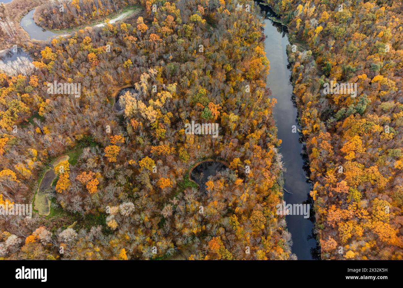 Vista aerea autunnale sulla valle del fiume con rive boscose Foto Stock
