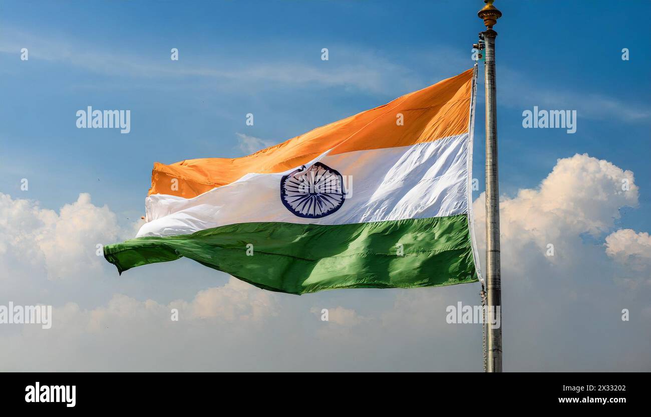 Fahne, Die Nationalfahne von Indien flattert im Wind Foto Stock