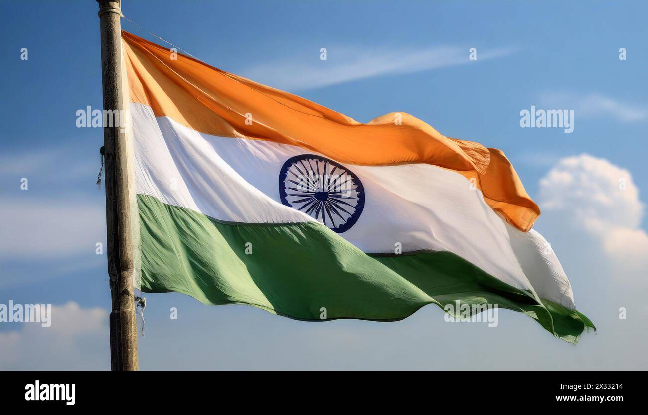 Fahne, Die Nationalfahne von Indien flattert im Wind Foto Stock