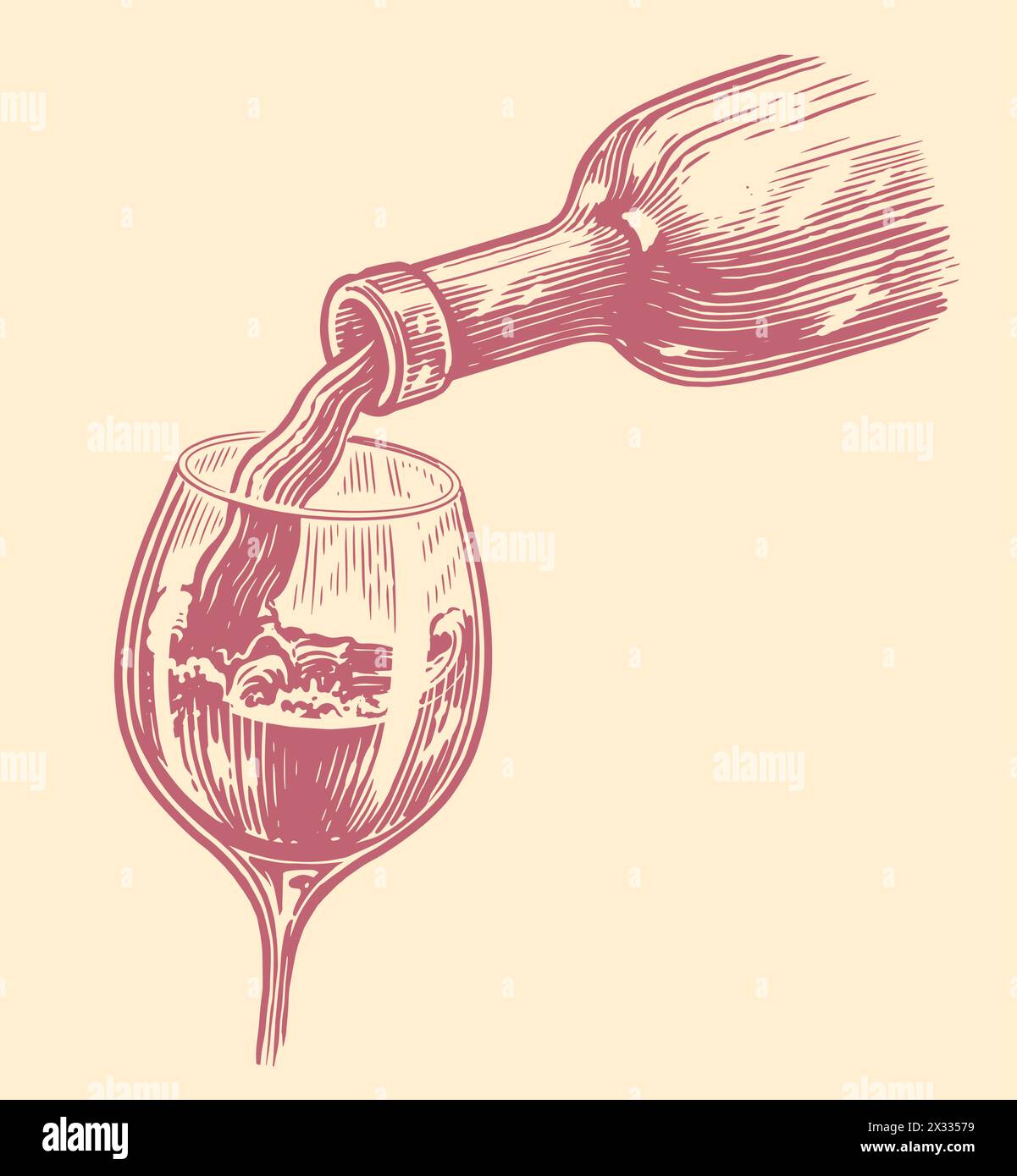 Versare la bevanda di vino dalla bottiglia al bicchiere. Schizzo del concetto di azienda vinicola. Illustrazione vettoriale vintage Illustrazione Vettoriale