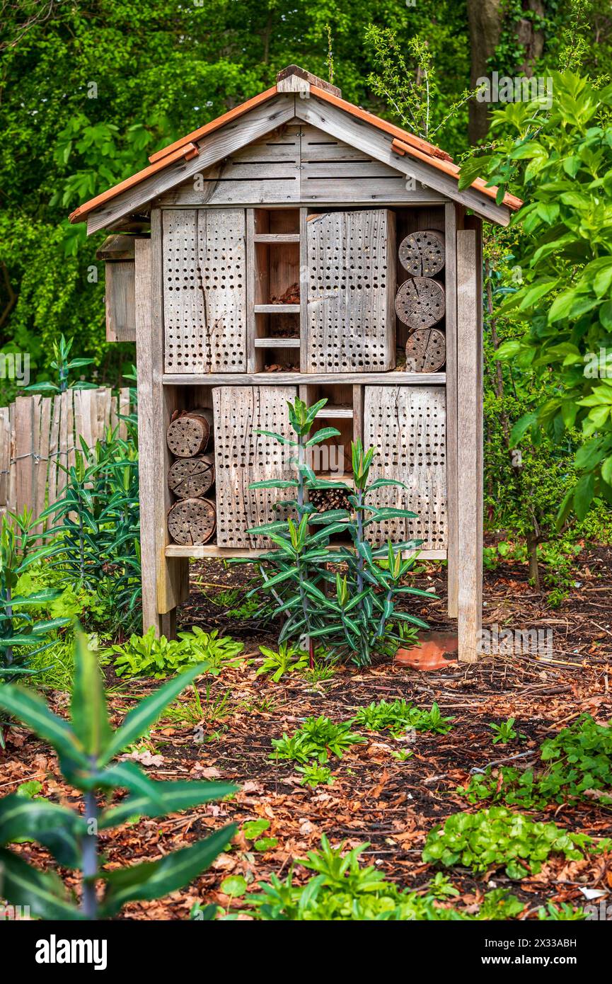 Una casa di insetti in legno nel giardino. Bug hotel nel parco con piante. All'aperto. Foto Stock