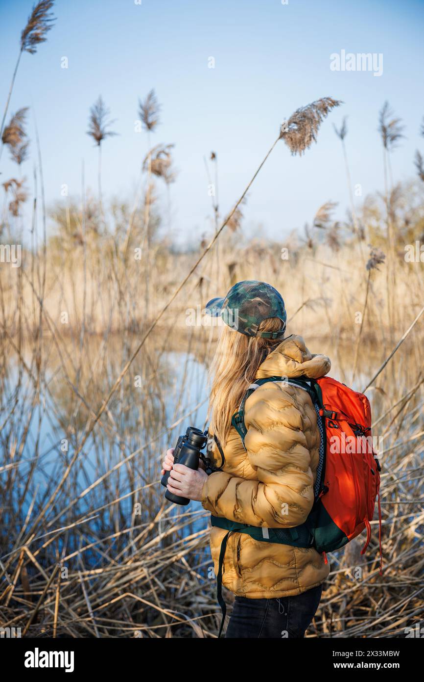 L'ornitologo rivela il comportamento aviario nell'habitat naturale. Donna con uccelli d'acqua binoculari che praticano birdwatching al lago Foto Stock