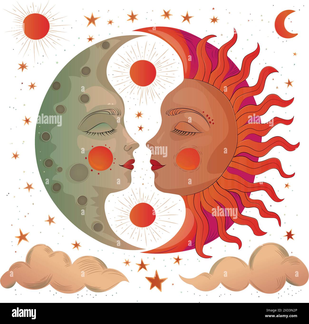 Semplice disegno per la copertina di un libro per bambini che raffigura il favoloso sole e luna slavi Illustrazione Vettoriale