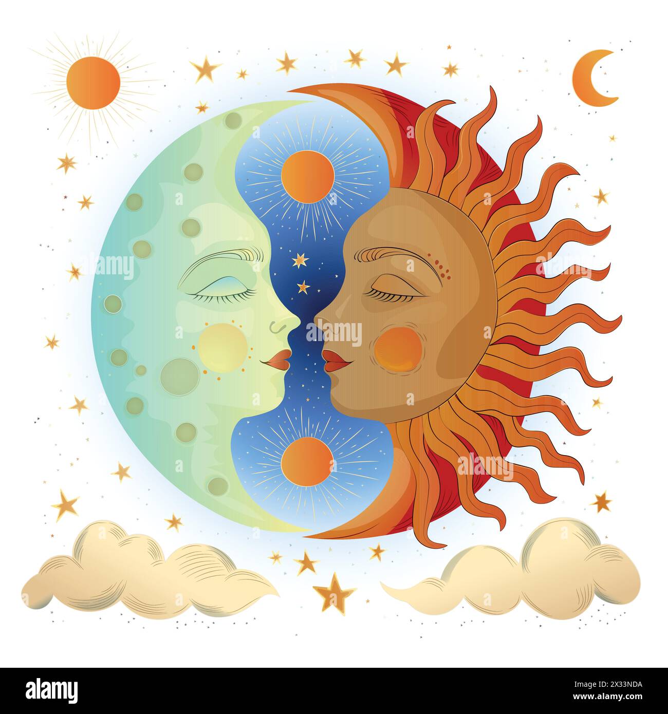 Semplice disegno per la copertina di un libro per bambini che raffigura il favoloso sole e luna slavi Illustrazione Vettoriale