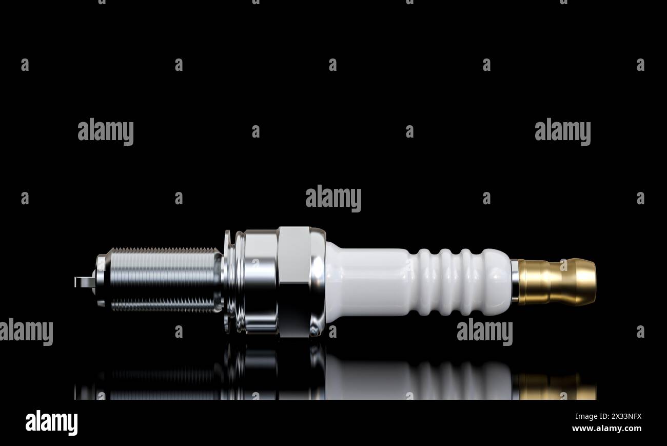 Immagine di alta qualità di una candela isolata su una superficie nera riflettente, rendering 3d. Foto Stock