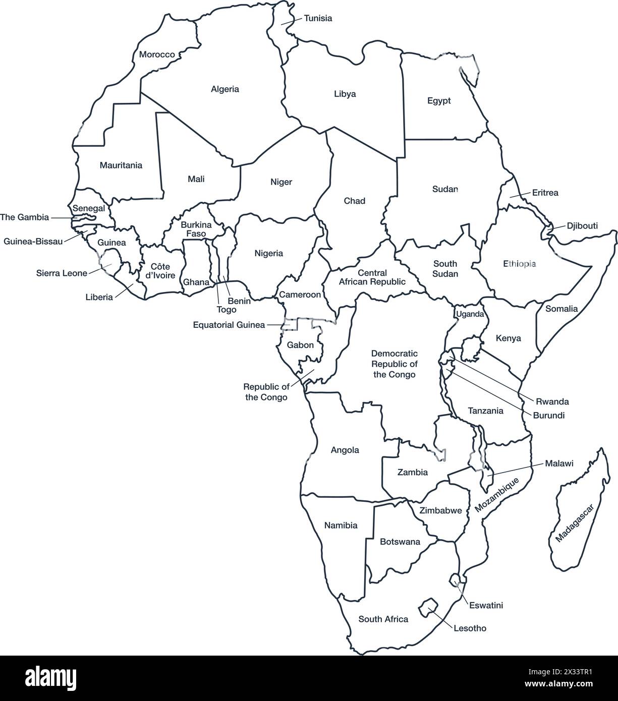 Preciso, corretto e dettagliato, linea di mappe per l'africa stati paesi denominati vettori elettorali politici isolati su sfondo trasparente Illustrazione Vettoriale