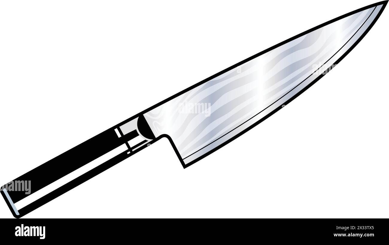 coltello da cuoco gyuto in stile giapponese, icona in acciaio damasco isolata su un vettore di sfondo trasparente Illustrazione Vettoriale