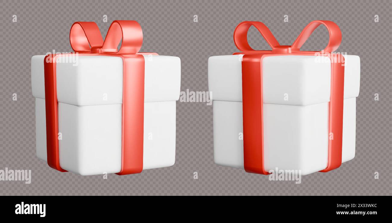 Scatole regalo con nastri, realistiche scatole bianche 3d con archi rossi. Regalo a sorpresa isolato su sfondo grigio. Illustrazione Vettoriale