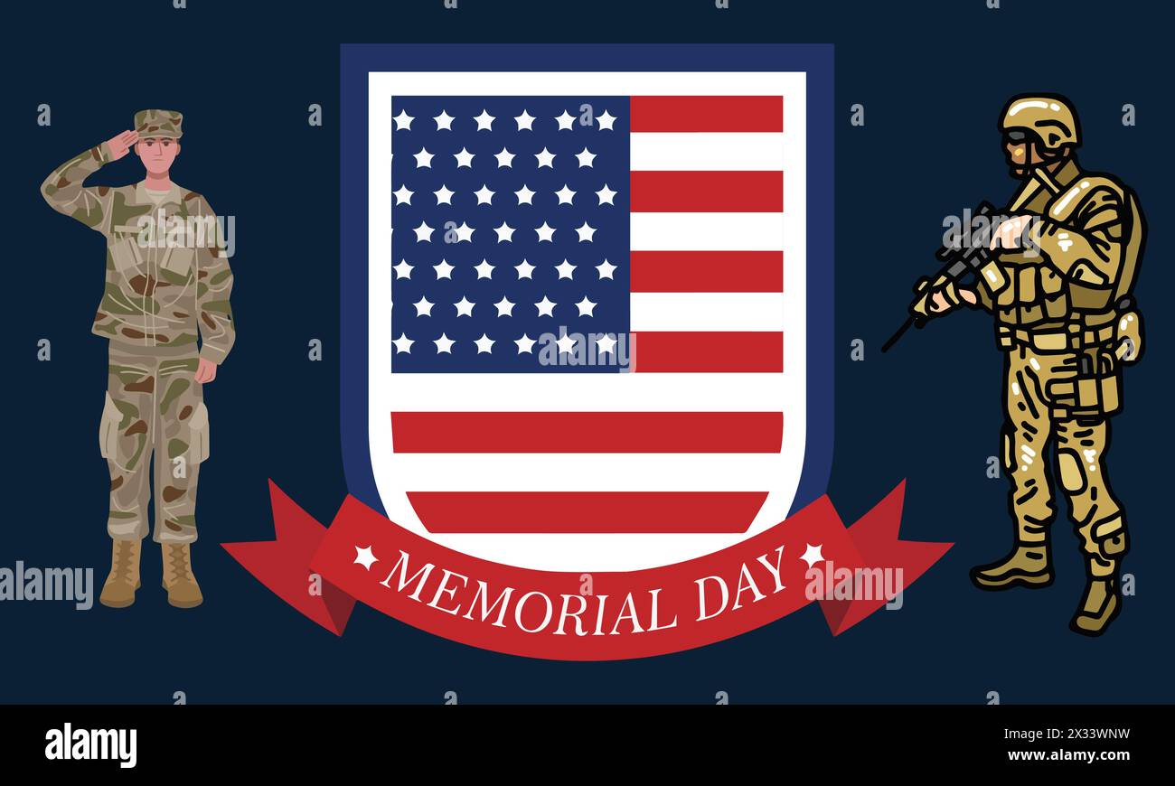 Celebrazione del Memorial Day. Festa nazionale americana. Bandiera USA con soldato. Illustrazione Vettoriale
