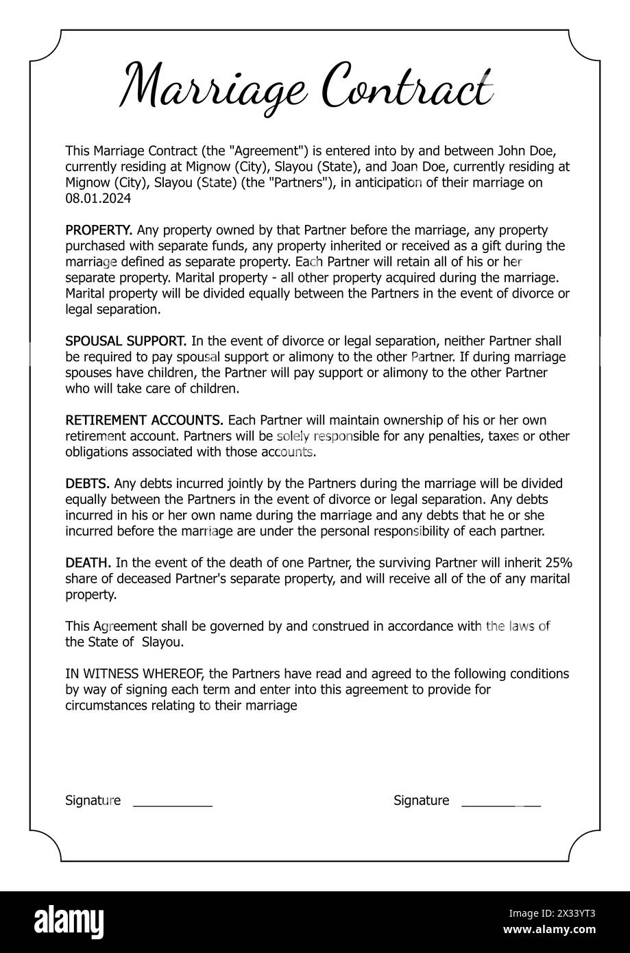 Contratto di matrimonio. Testo di accordo su sfondo bianco Foto Stock