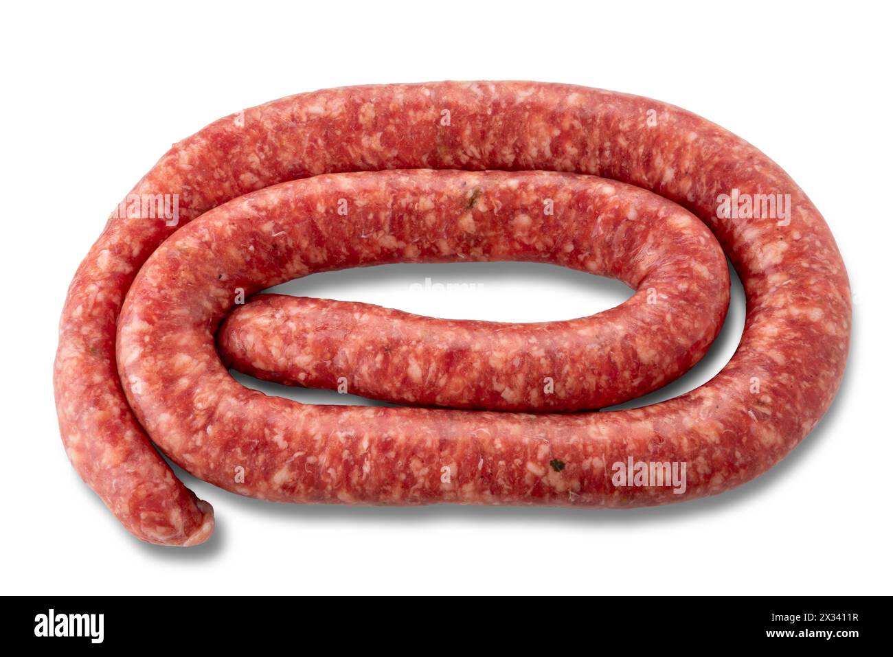Salsiccia di semi di finocchio crudi arrotolata e isolata su bianco con percorso di ritaglio incluso Foto Stock