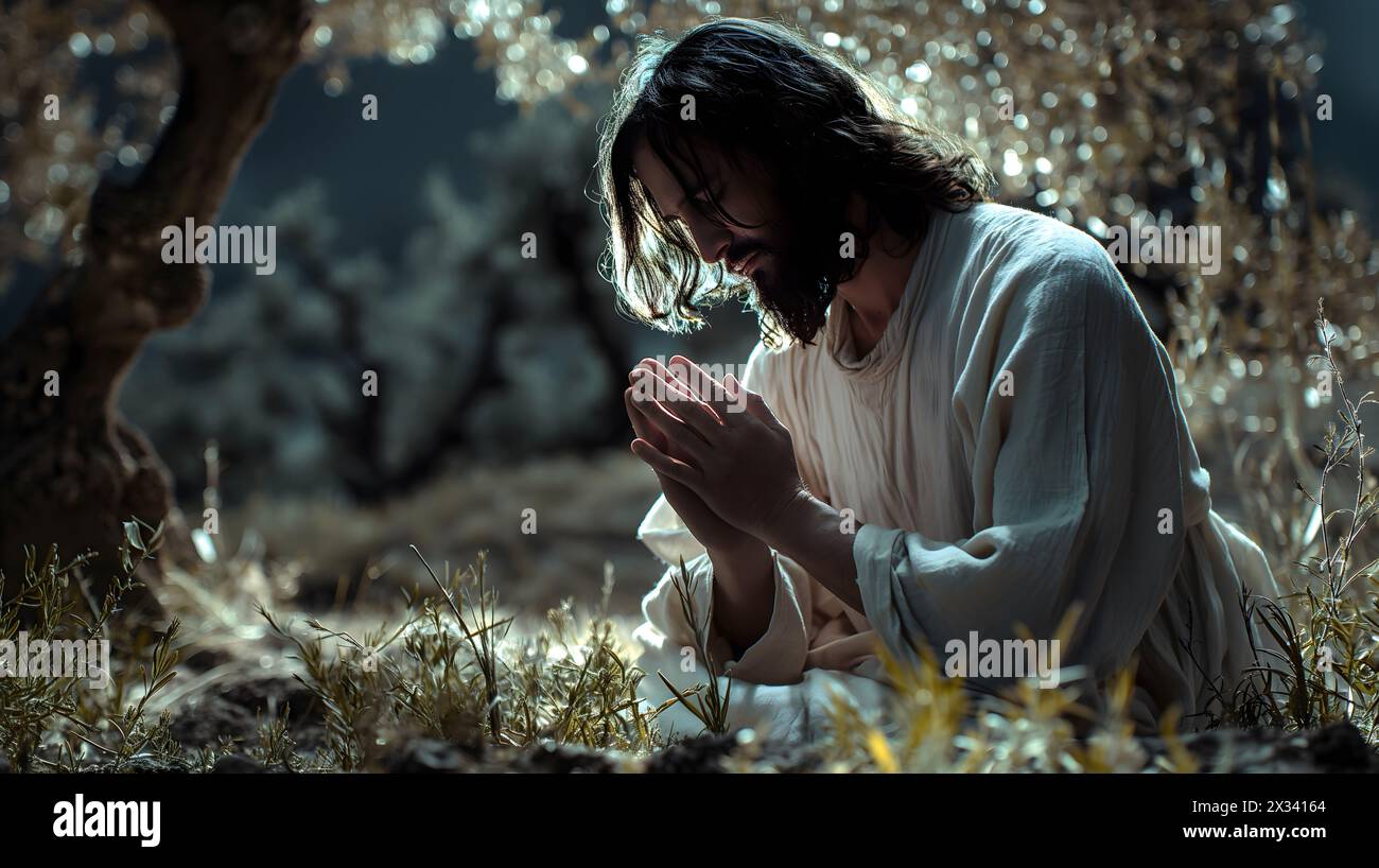 Gesù Cristo prega nel giardino tra gli ulivi. Gesù con un volto triste che prega prima della crocifissione. Concetto di Pasqua Foto Stock