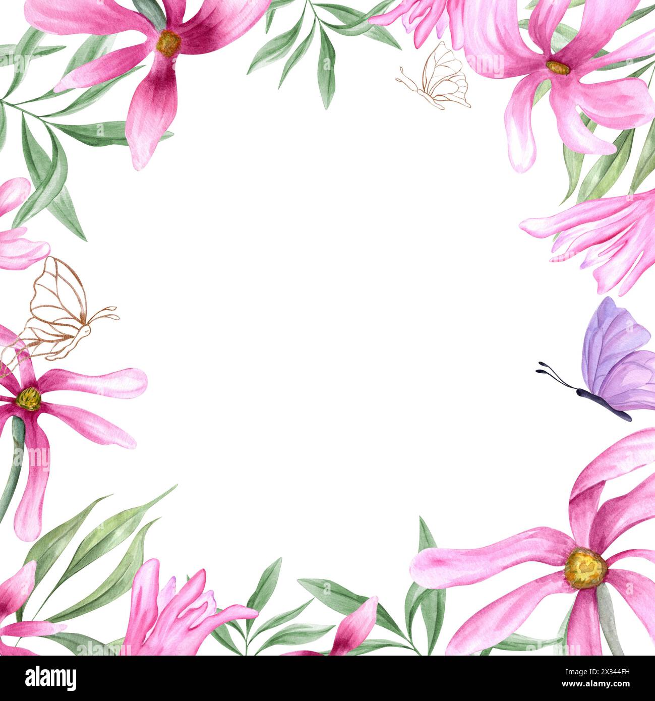 magnolia rosa, foglie verdi e farfalle svolazzanti. Fiori primaverili. Cornice romantica quadrata con spazio di copia per il testo. Illustrazione acquerello. Foto Stock