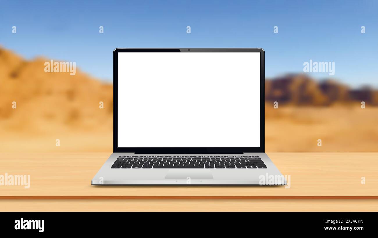Computer portatile con schermo vuoto sul tavolo su sfondo sfocato in montagna. Illustrazione vettoriale. Illustrazione Vettoriale