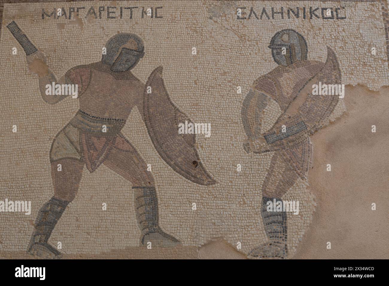 Mosaico dei gladiatori al sito archeologico di Kourion. Foto Stock