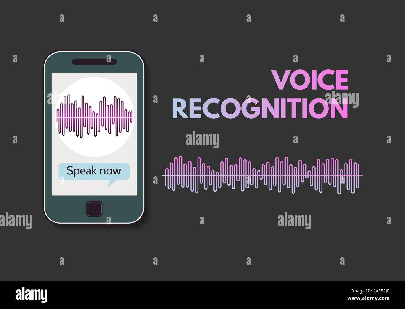 Riconoscimento vocale. Telefono cellulare con programma di riconoscimento vocale sullo schermo. Illustrazione vettoriale. Illustrazione Vettoriale