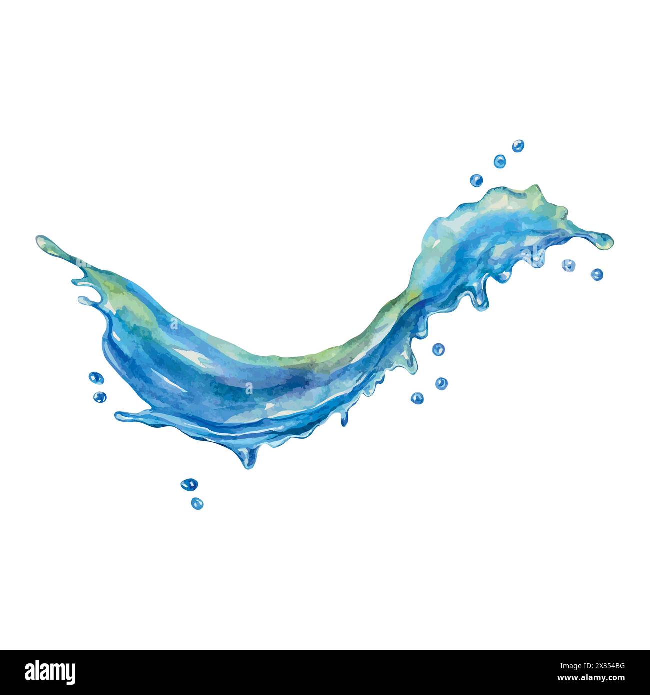 Spruzzi d'acqua, onde di liquido blu con gocce. Acquerello. Illustrazione vettoriale disegnata a mano per biglietti, inviti, etichette, copertine, poster. Illustrazione Vettoriale