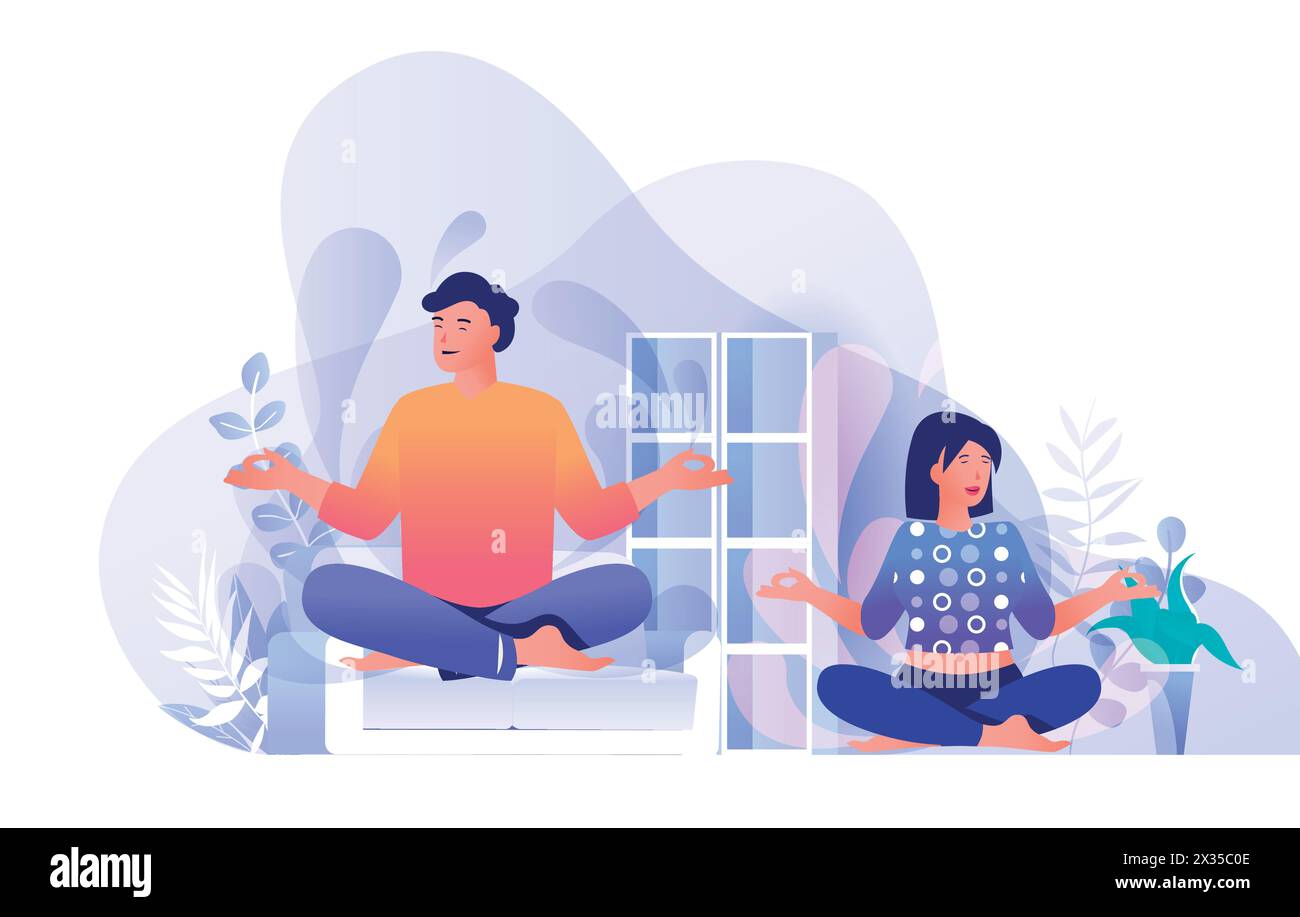 Coppia che fa yoga a casa scena. Uomo e donna seduti in posizione lotus. Stile di vita sano, meditazione e contemplazione, concetto di benessere. Vettore il Illustrazione Vettoriale