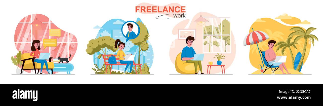 Set di scene di concetto di lavoro freelance. I freelance lavorano su computer portatili in ufficio, a casa, all'aperto, in località di villeggiatura. Raccolta di attività di persone. Illustrazione Vettoriale