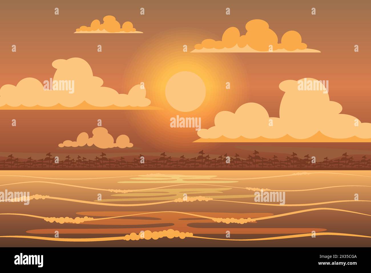 Il sole splende sullo sfondo del paesaggio tropicale dell'isola in stile piatto. Luce arancione del sole, palme sulla riva del mare, resort sul mare, vacanza in spiaggia sull'oceano. N Illustrazione Vettoriale