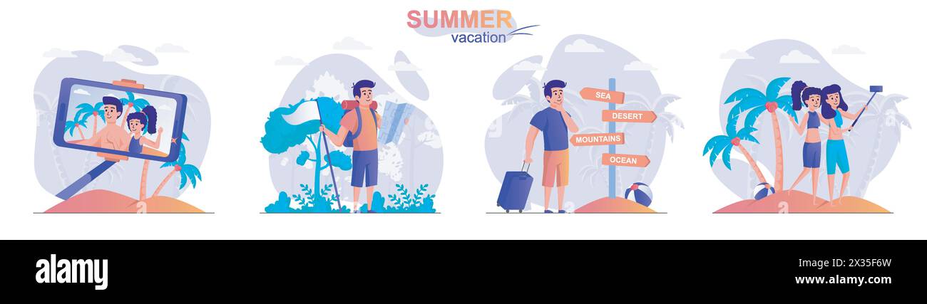 Set di scene di concetto vacanza estiva. Coppia che prende selfie sulla spiaggia, viaggiatore con zaino, amici che si rilassano sul mare. Raccolta di attività di persone. V Illustrazione Vettoriale