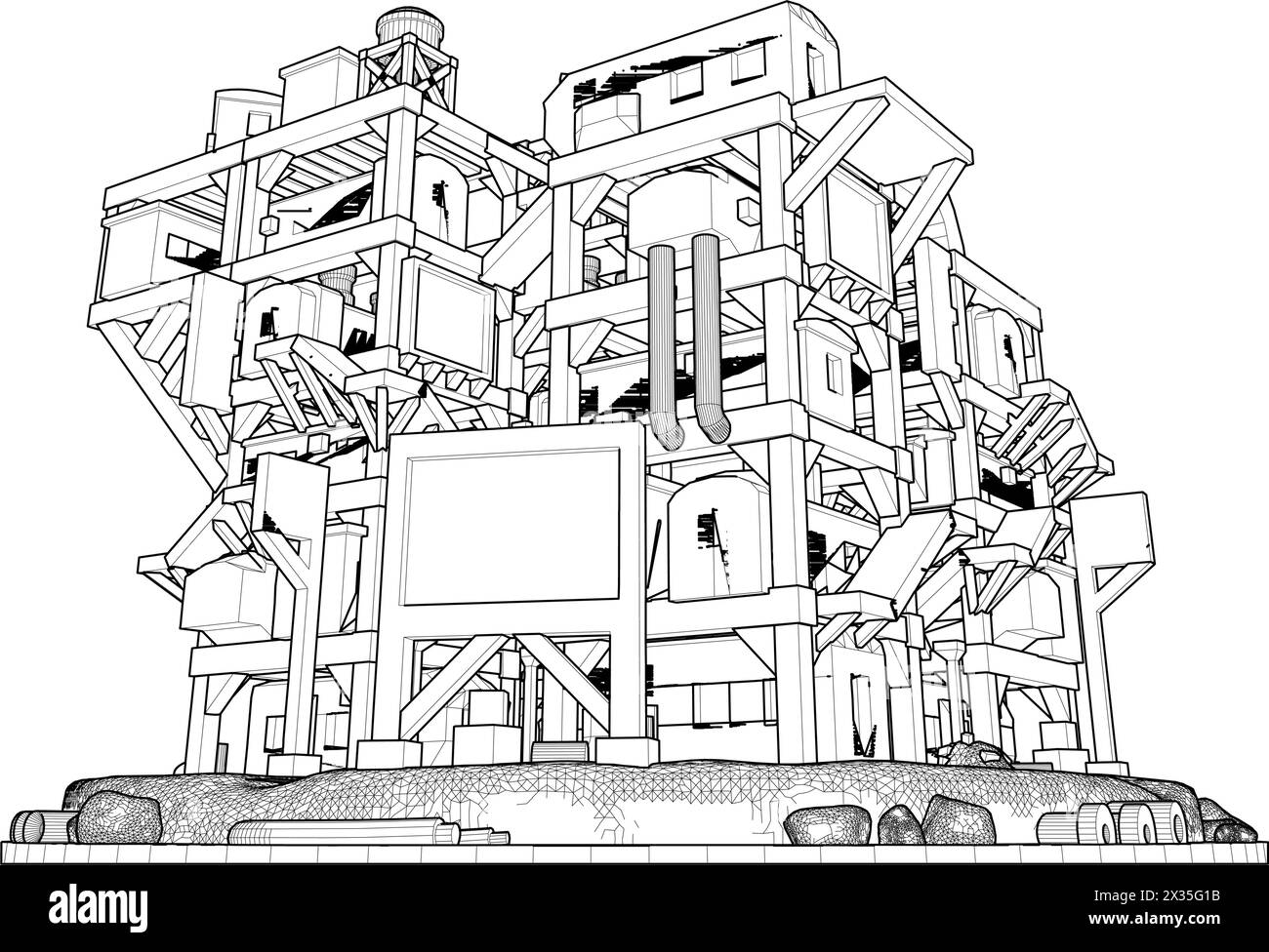 Astratto apocalittico futuristico Building Vector. Illustrazione della struttura di costruzione isolata su sfondo bianco. Concetto - architettura moderna Illustrazione Vettoriale
