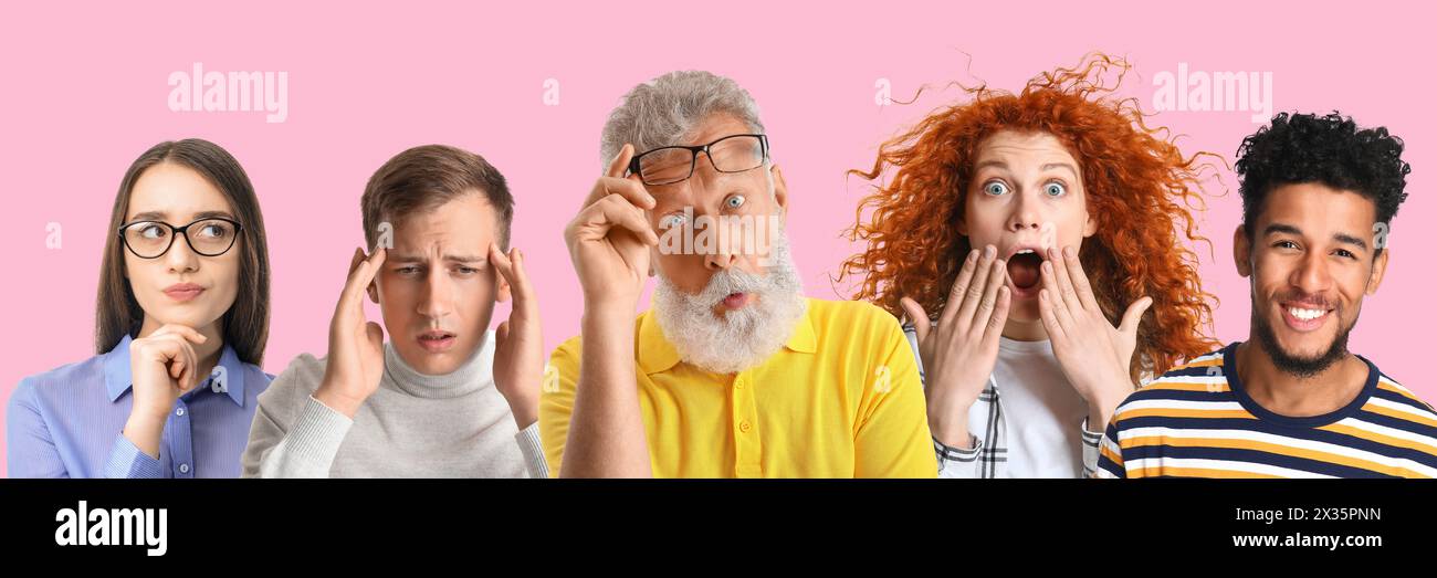Gruppo di persone emotive su sfondo rosa Foto Stock