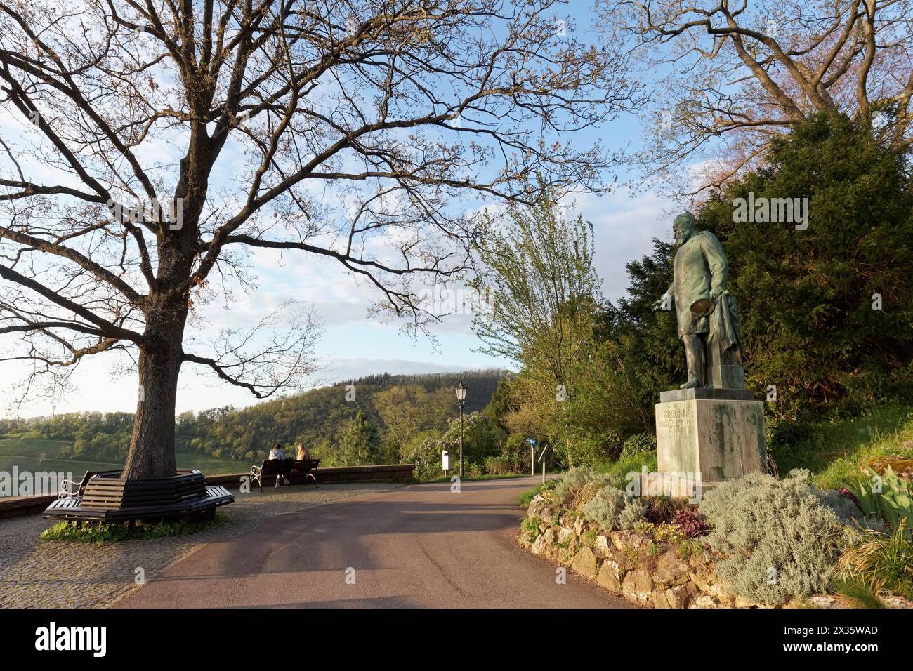 Punto panoramico nei giardini termali di Badenweiler, statua di Federico i, Granduca di Baden, Markgraeflerland, Foresta Nera, Baden-Wuerttemberg, Germania Foto Stock