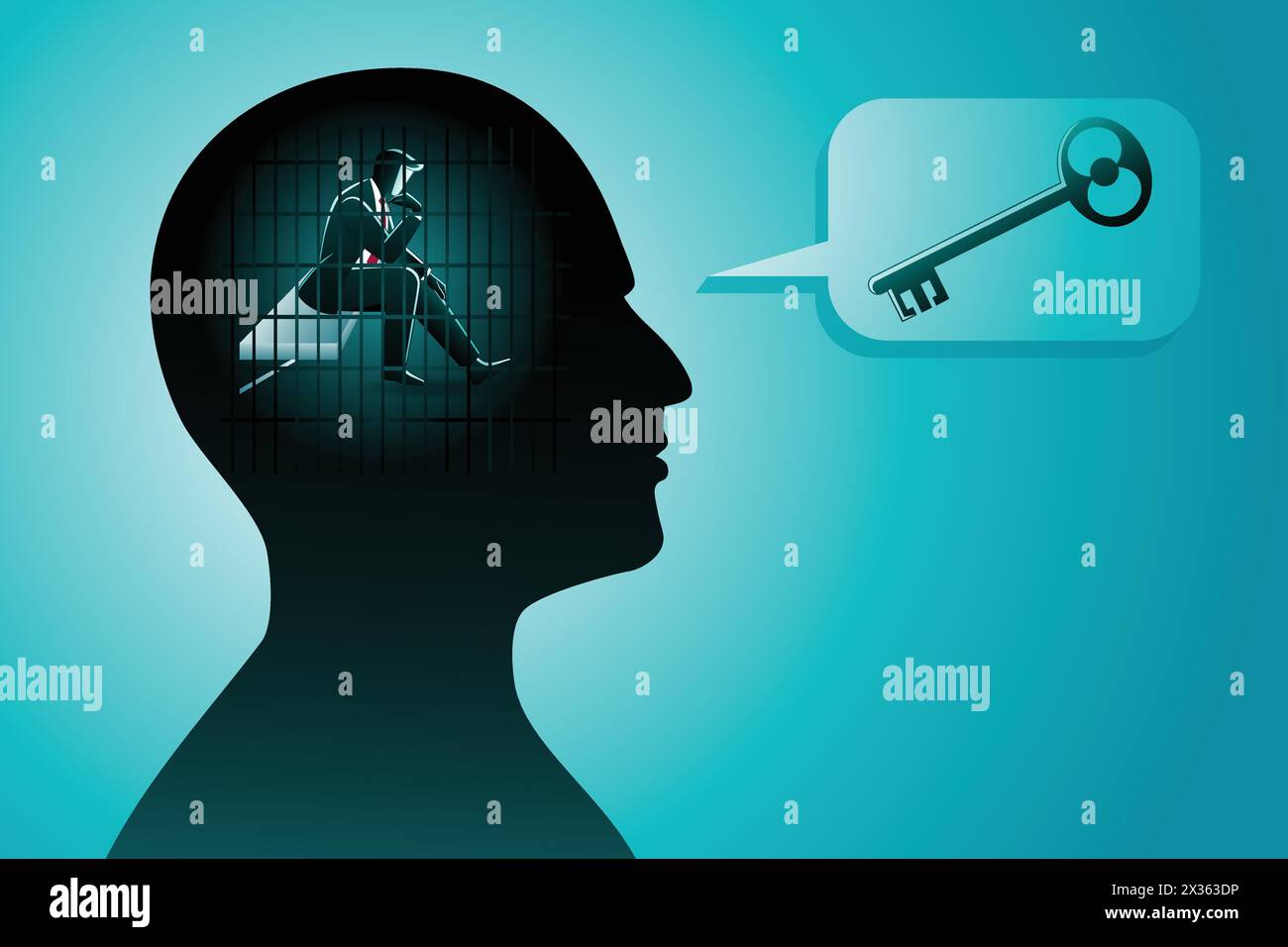 Illustrazione vettoriale di un uomo d'affari in testa umana che sta in prigione mentre pensa a una chiave, simbolo di risoluzione dei problemi Illustrazione Vettoriale