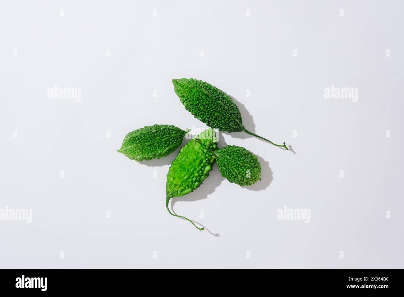 Su sfondo bianco, melone amaro noto anche come gourd amaro isolato. Vista dall'alto, una scena minima di ingredienti naturali per la cura della pelle e dei capelli. Bip Foto Stock