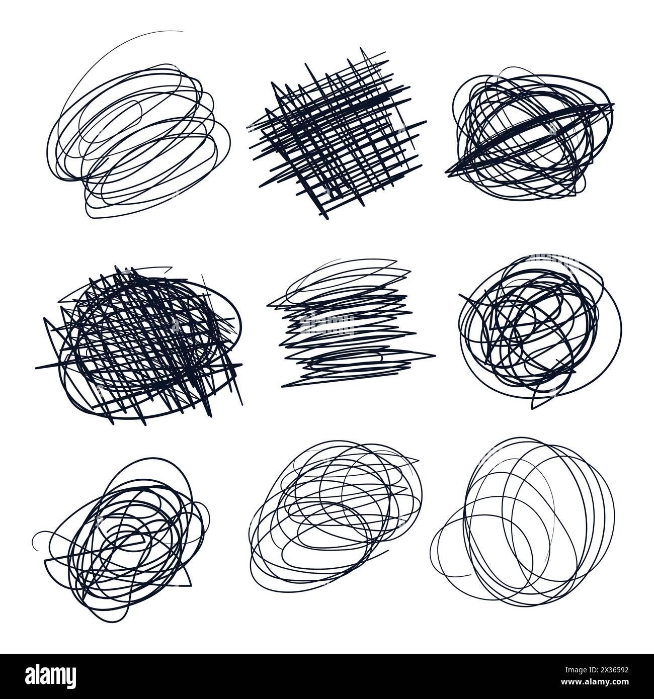 Script casuali. Set vettoriale Scribbles Doodle disegnato a mano. Doodles da disegno con penna a inchiostro. Illustrazione Vettoriale