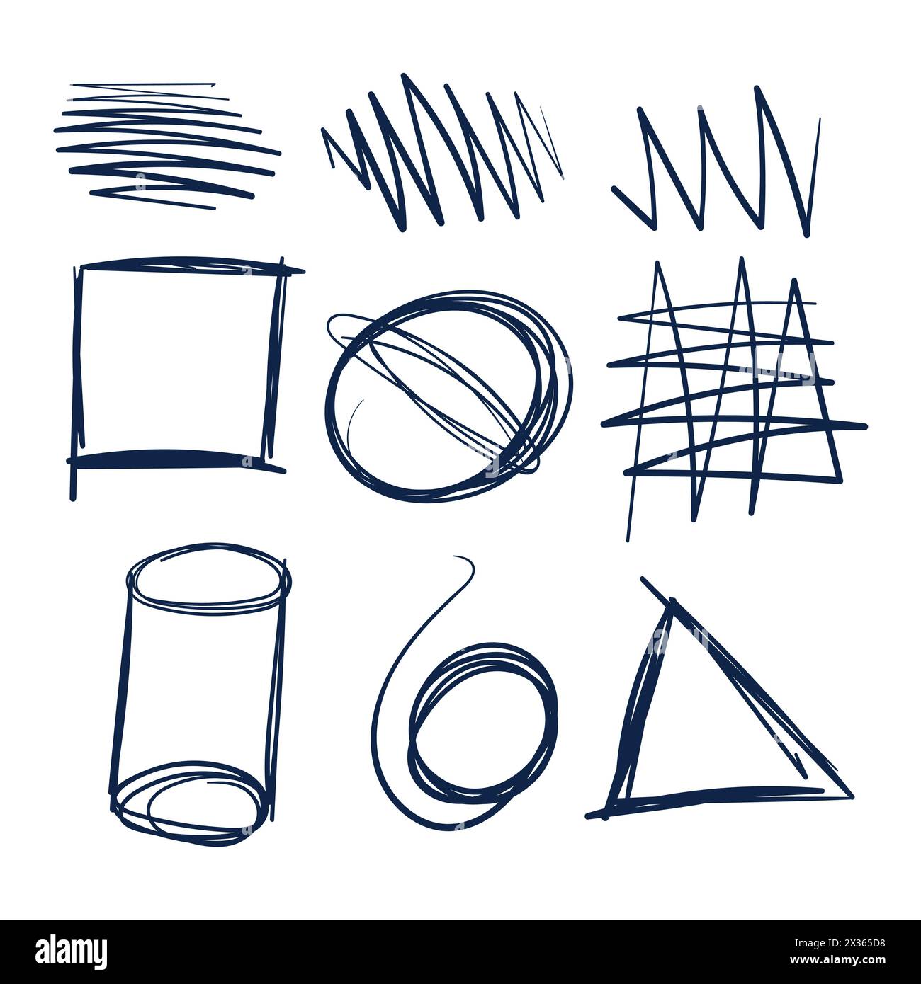 Script casuali. Set vettoriale Scribbles Doodle disegnato a mano. Doodles da disegno con penna a inchiostro. Illustrazione Vettoriale