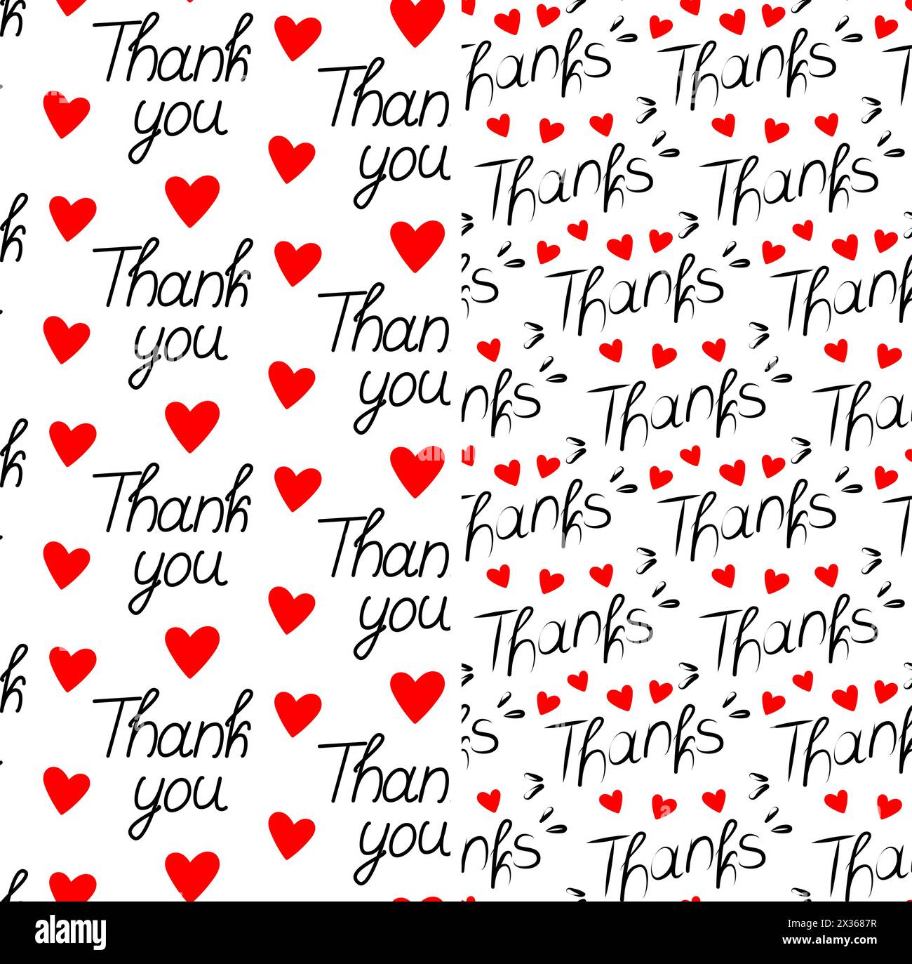 Grazie grazie per la scrittura a mano con elementi decorativi e motivo a forma di cuore rosso Set di 2 concetti di texture per sfondo astratto per carta da parati, involucro o bobina EPS isolato Illustrazione Vettoriale