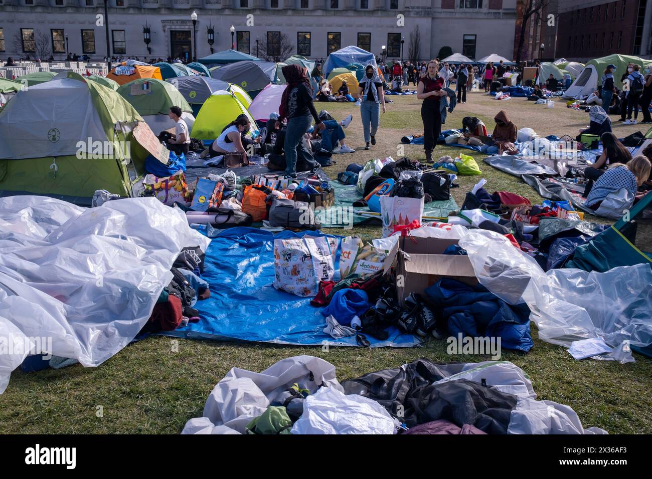 Accampamento occupato da manifestanti filo-palestinesi nel campus della Columbia University il 24 aprile 2024 a New York. Il fronte Popolare per la Liberazione della Palestina e un alto leader di Hamas dichiararono il loro sostegno agli accampamenti di tende non autorizzati che popolavano la Columbia University e altre università americane d'élite. Il relatore della camera Mike Johnson ha visitato il campus come amministratori scolastici e manifestanti studenteschi filo-palestinesi hanno fatto progressi nei negoziati dopo che la scuola ha fissato una scadenza di mezzanotte per gli studenti per sciogliere l'accampamento, e ha concordato un'estensione di 48 ore. Johnson ha Foto Stock