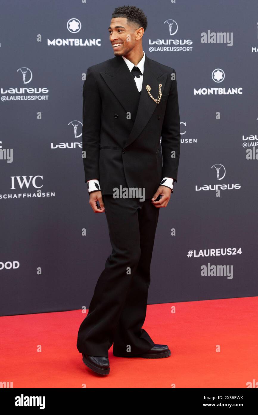 Jude Bellingham posa sul tappeto rosso durante Montblanc presenta i Laureus World Sports Awards 2024 al Palacio de Cibeles di Madrid. (Foto di Nacho Lopez / SOPA Images/Sipa USA) Foto Stock