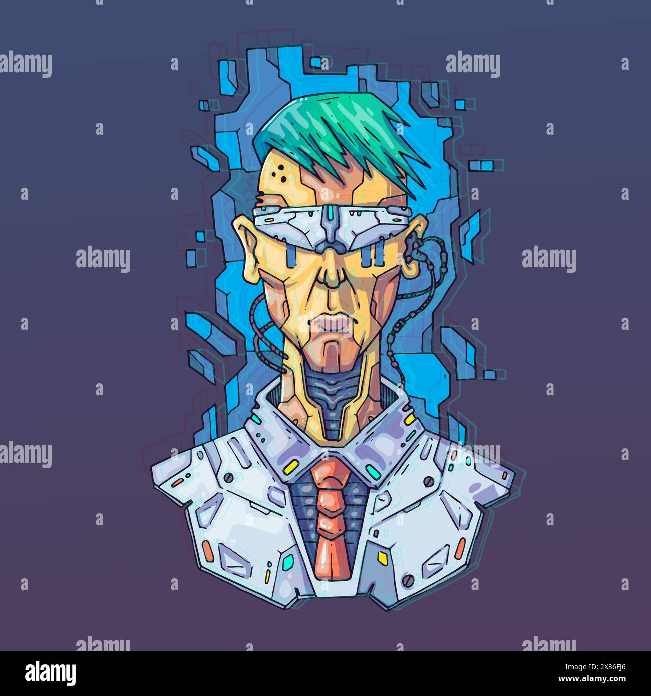 Faccia del personaggio in stile virtuale futuristico. Illustrazione vettoriale Cyber Punk. Cartoni animati per il Web e la stampa. Poster Cyber Art alla moda. Illustrazione Vettoriale