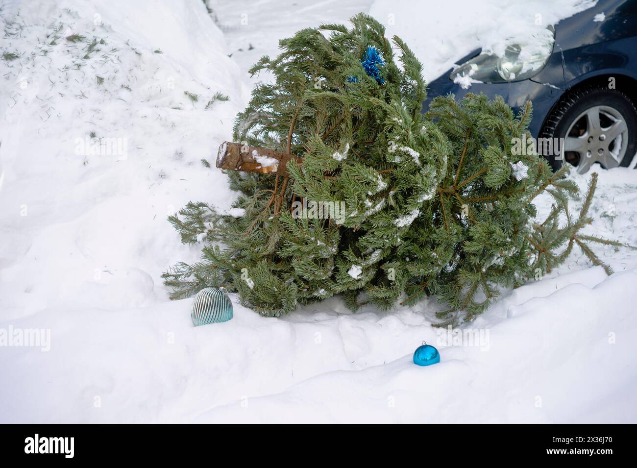 Gettati via l'albero di Natale sempreverde e i giocattoli, ambientazione invernale all'aperto Foto Stock