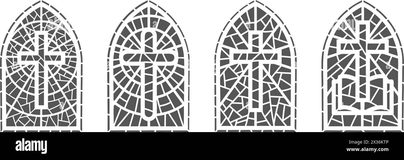 Finestre in vetro della chiesa. Cornici a mosaico colorato cattolico e cristiano con croce. Il profilo vettoriale delinea archi gotici medievali isolati su sfondo bianco Illustrazione Vettoriale
