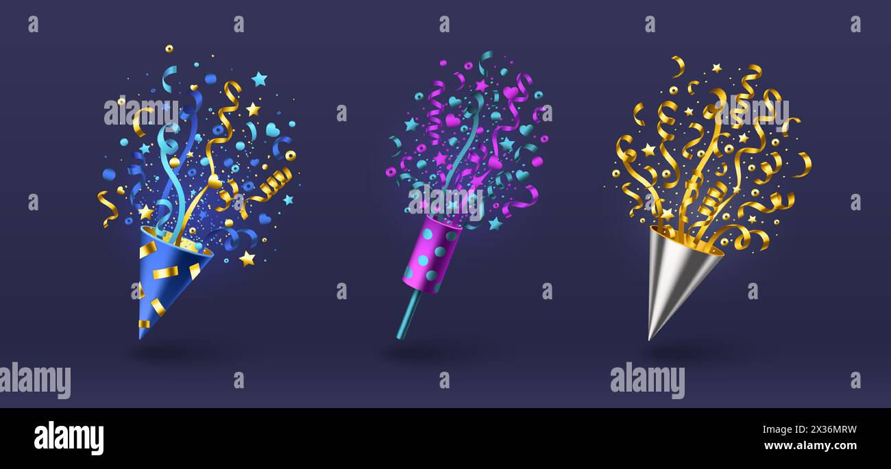 Set di firecracker con coriandoli isolati sullo sfondo. Illustrazione vettoriale realistica di popper 3d con cuori e streamer colorati che volano in aria, elemento di design per feste celebrative, esplosione di glitter Illustrazione Vettoriale