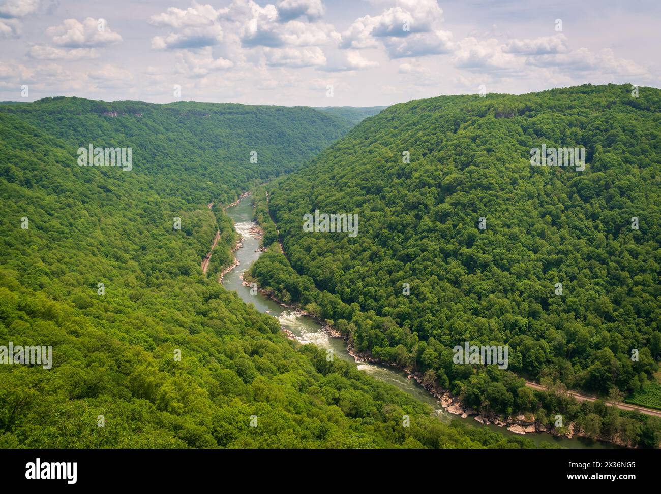 Vista sul fiume presso il New River Gorge National Park e riserva nel West Virginia meridionale, sui monti Appalachi, Stati Uniti Foto Stock