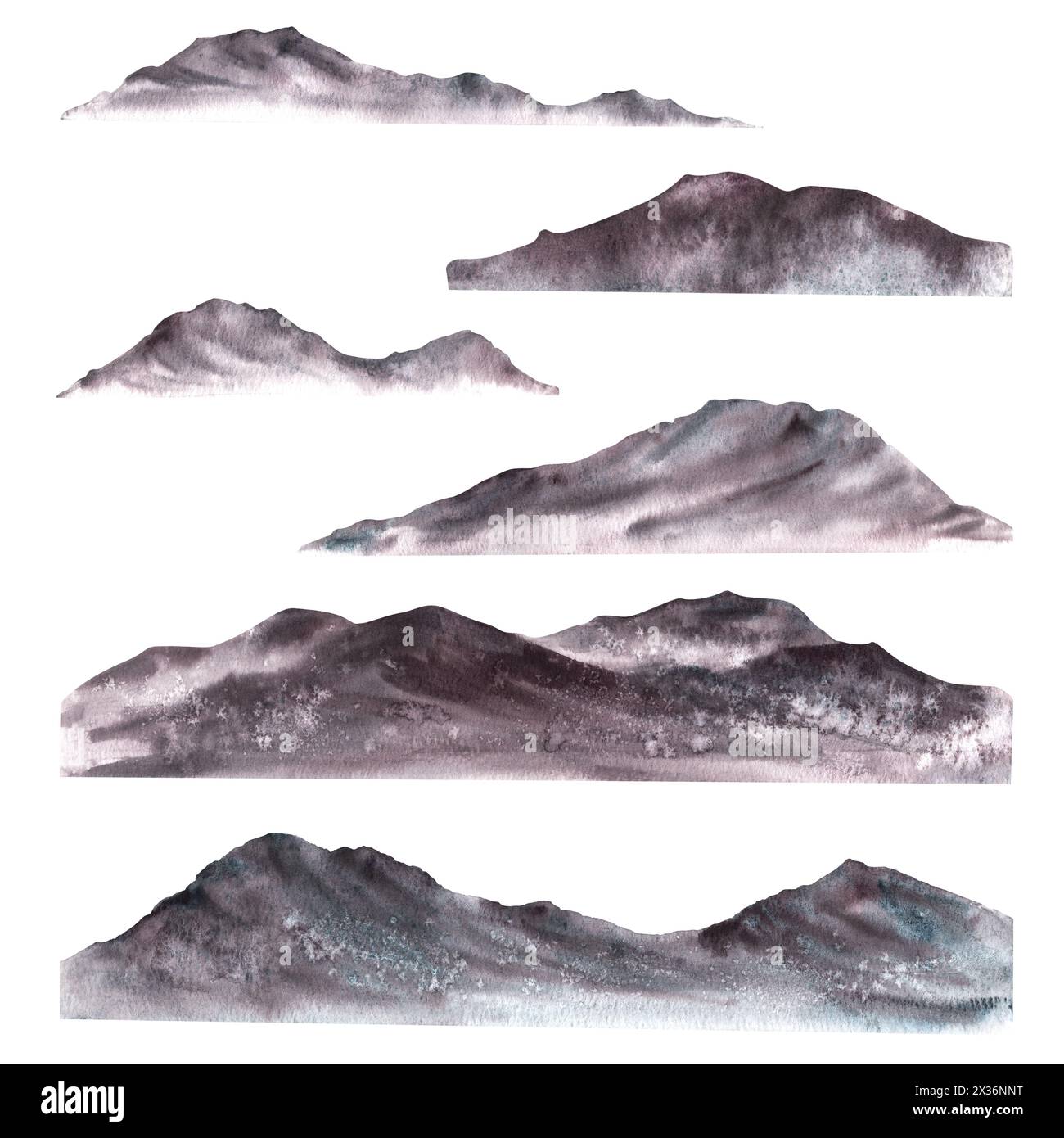 Sagome di montagne, catene montuose, picchi, colline, paesaggio collinare. Illustrazione monocromatica ad acquerello disegnata a mano. Natura Foto Stock