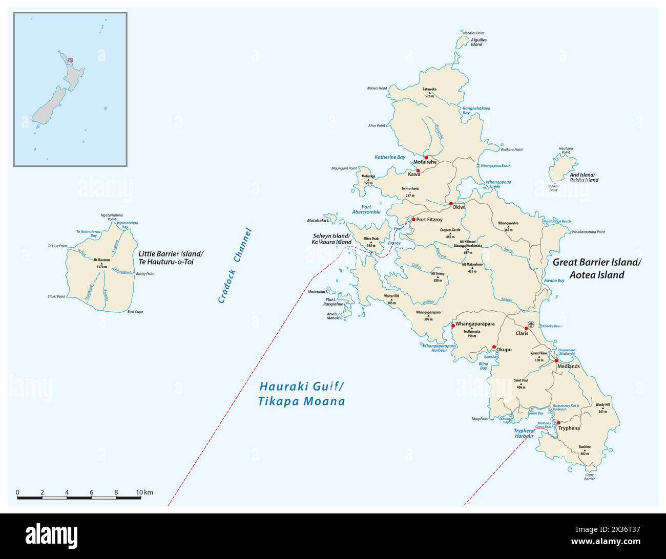 Mappa vettoriale della grande Barriera, Aotea, nuova Zelanda Foto Stock